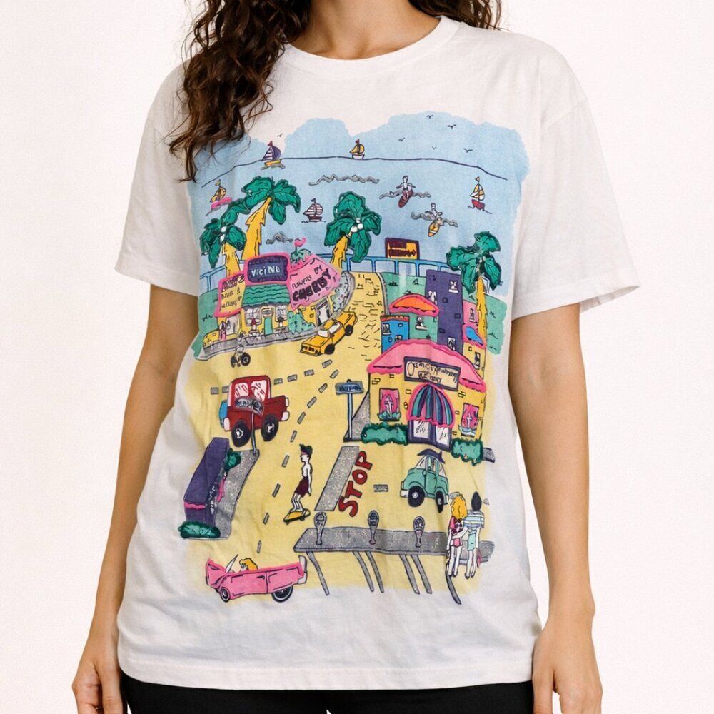 KWBL Los Angeles Graphic T Shirt Beach Scene Vintage Style Streetwear Tee